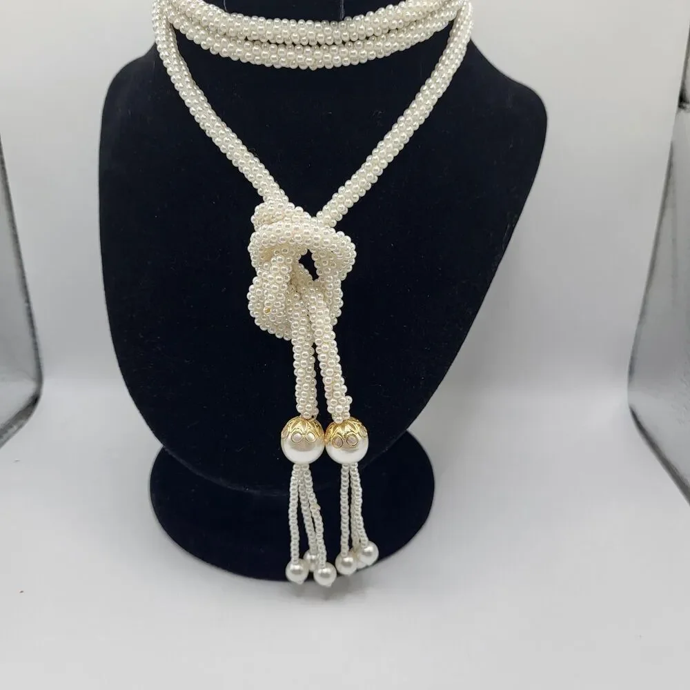 Extra Long Simulated Pearl Belt Bolo Lariat 57in